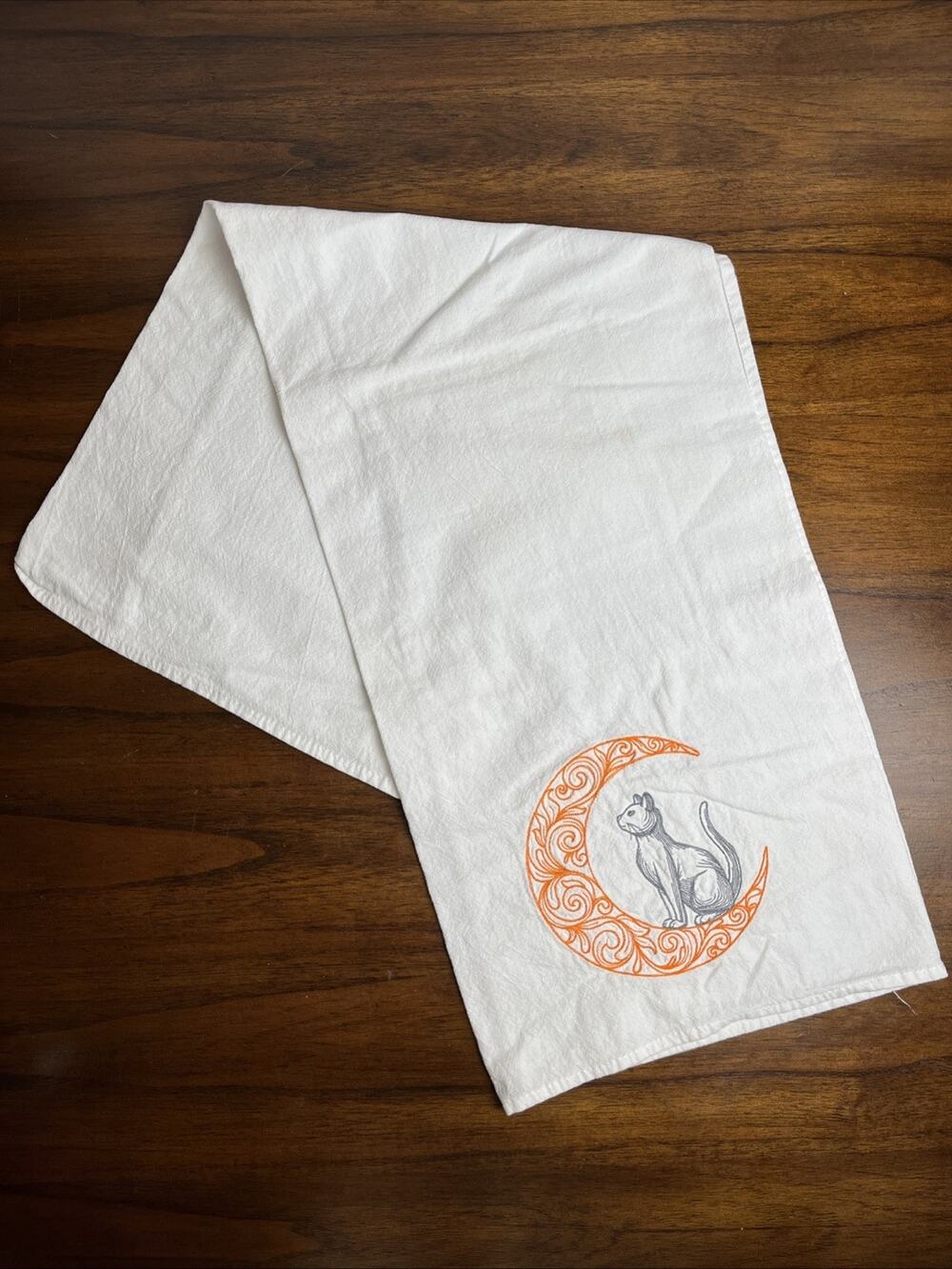 Gray Cat In Orange Moon Celestial Cotton Embroidered Flour Sack Kitchen Towel
